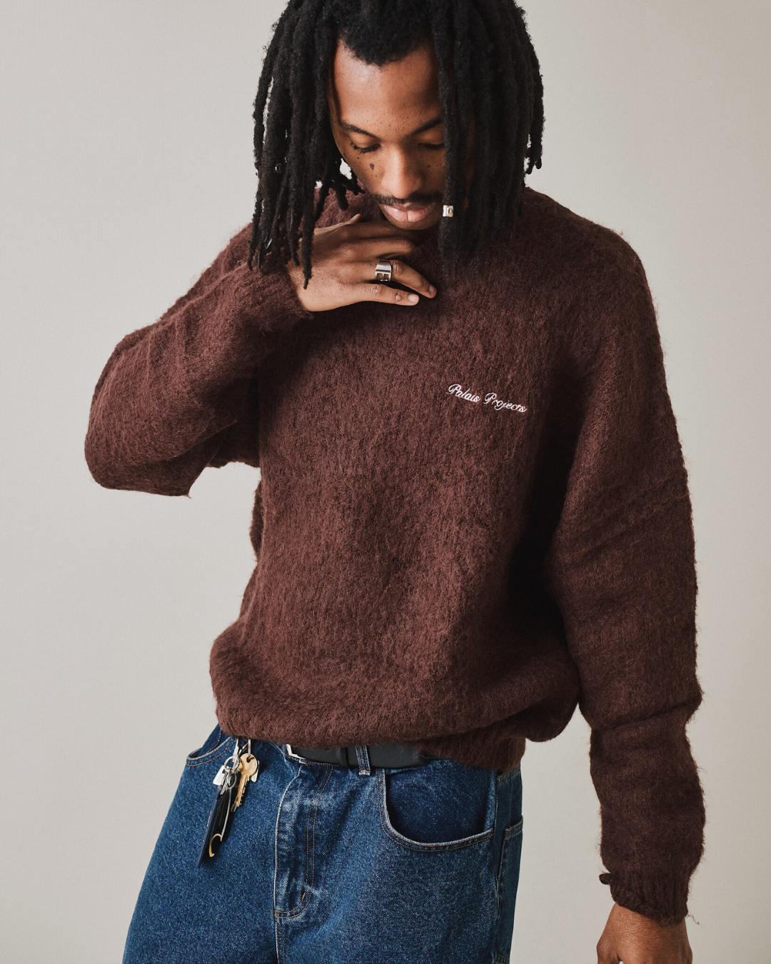 Knit O-Neck Sweater - Brown