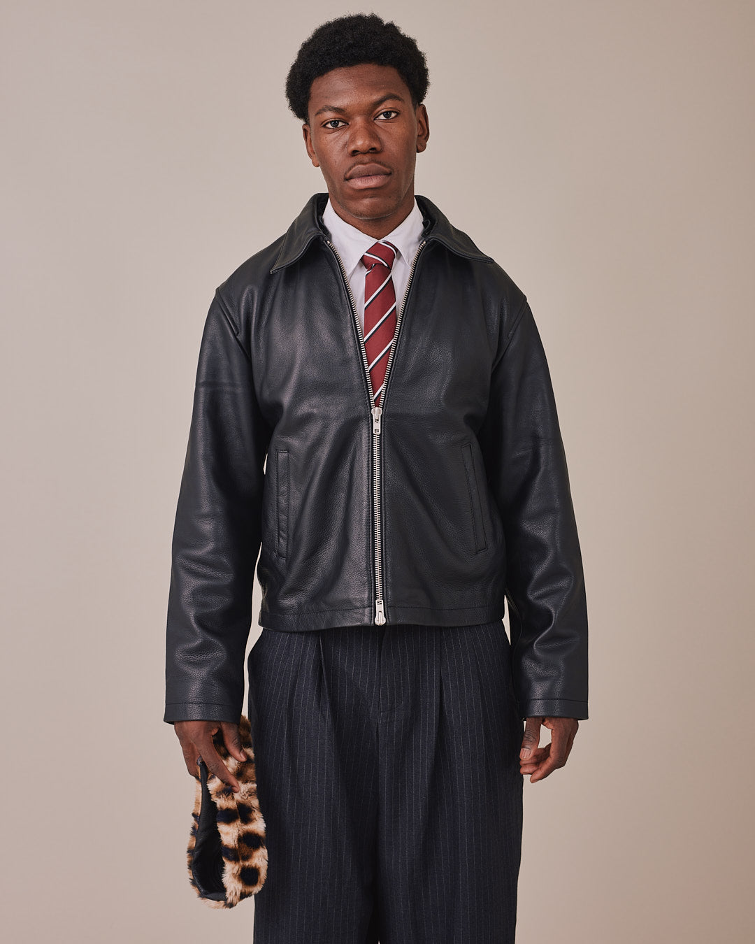 Pebbled Leather Jacket w. Fur Collar - Black