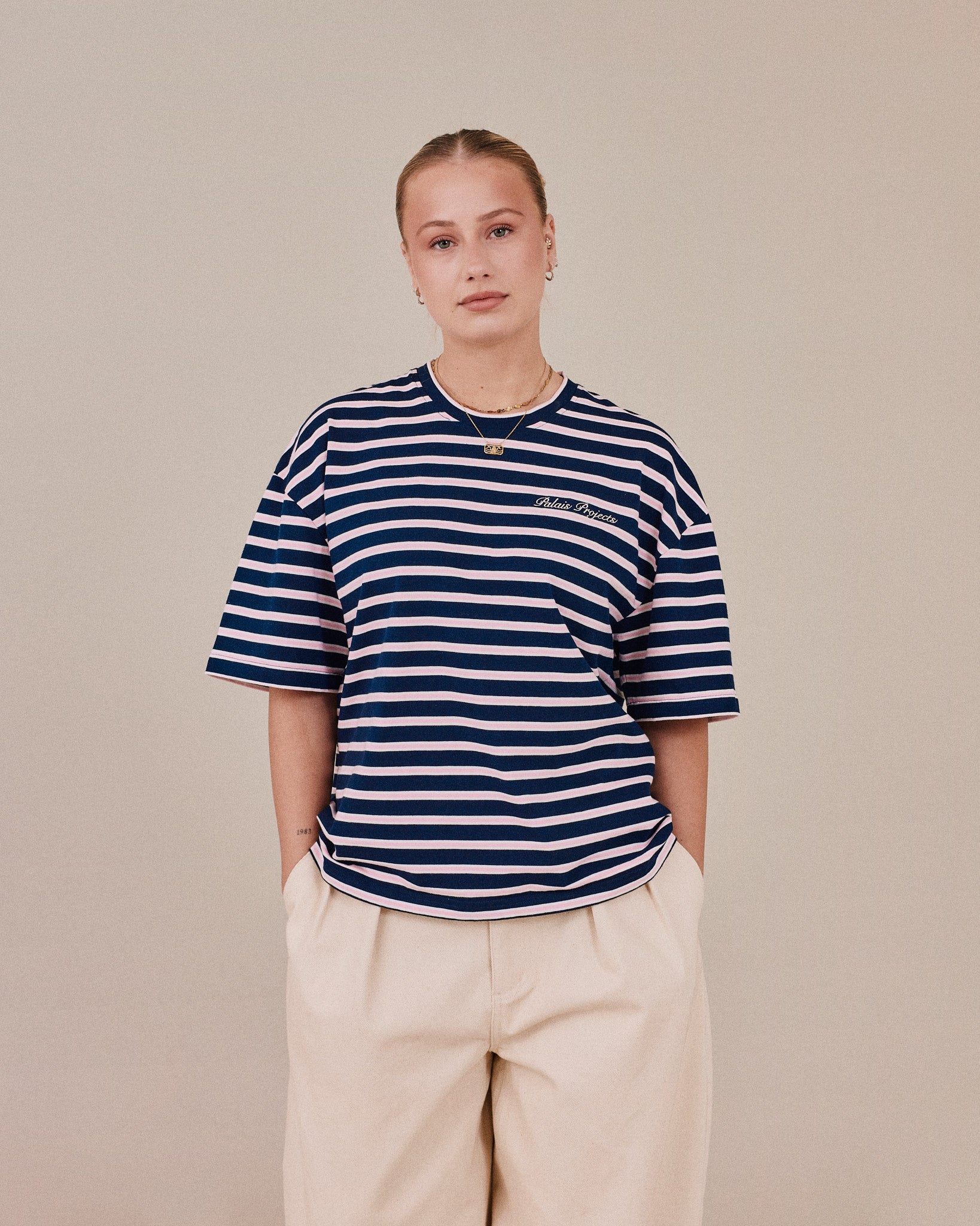 Boxy SS Tee - Navy/Pink Stripe