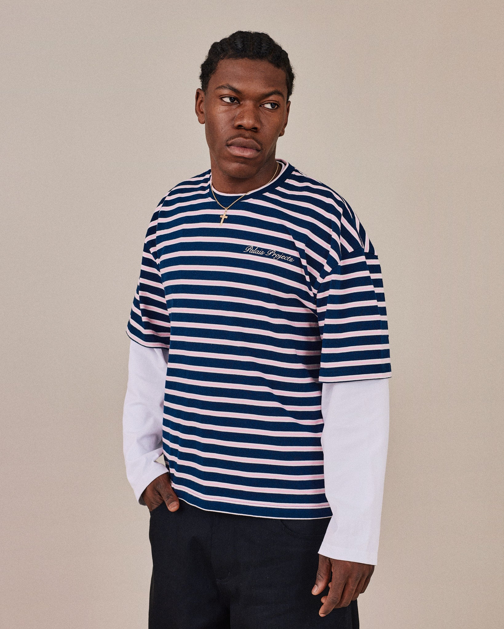 Boxy SS Tee - Navy/Pink Stripe