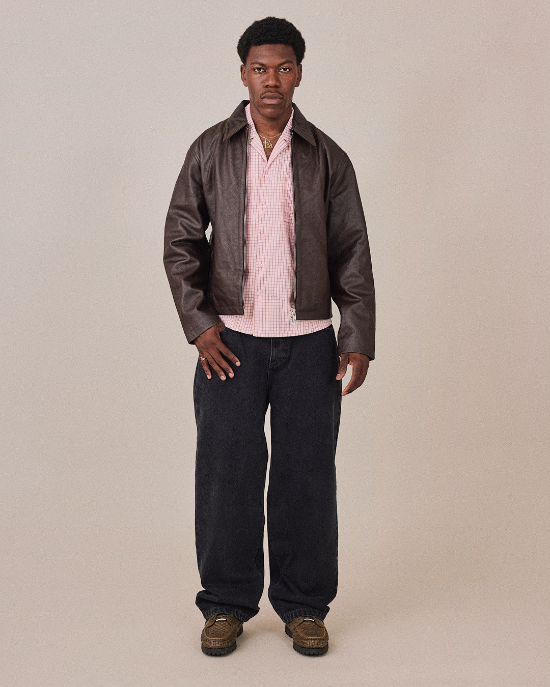Pebbled Leather Jacket - Brown