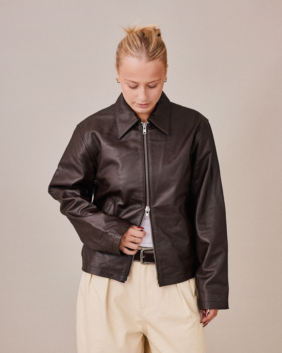 Pebbled Leather Jacket - Brown