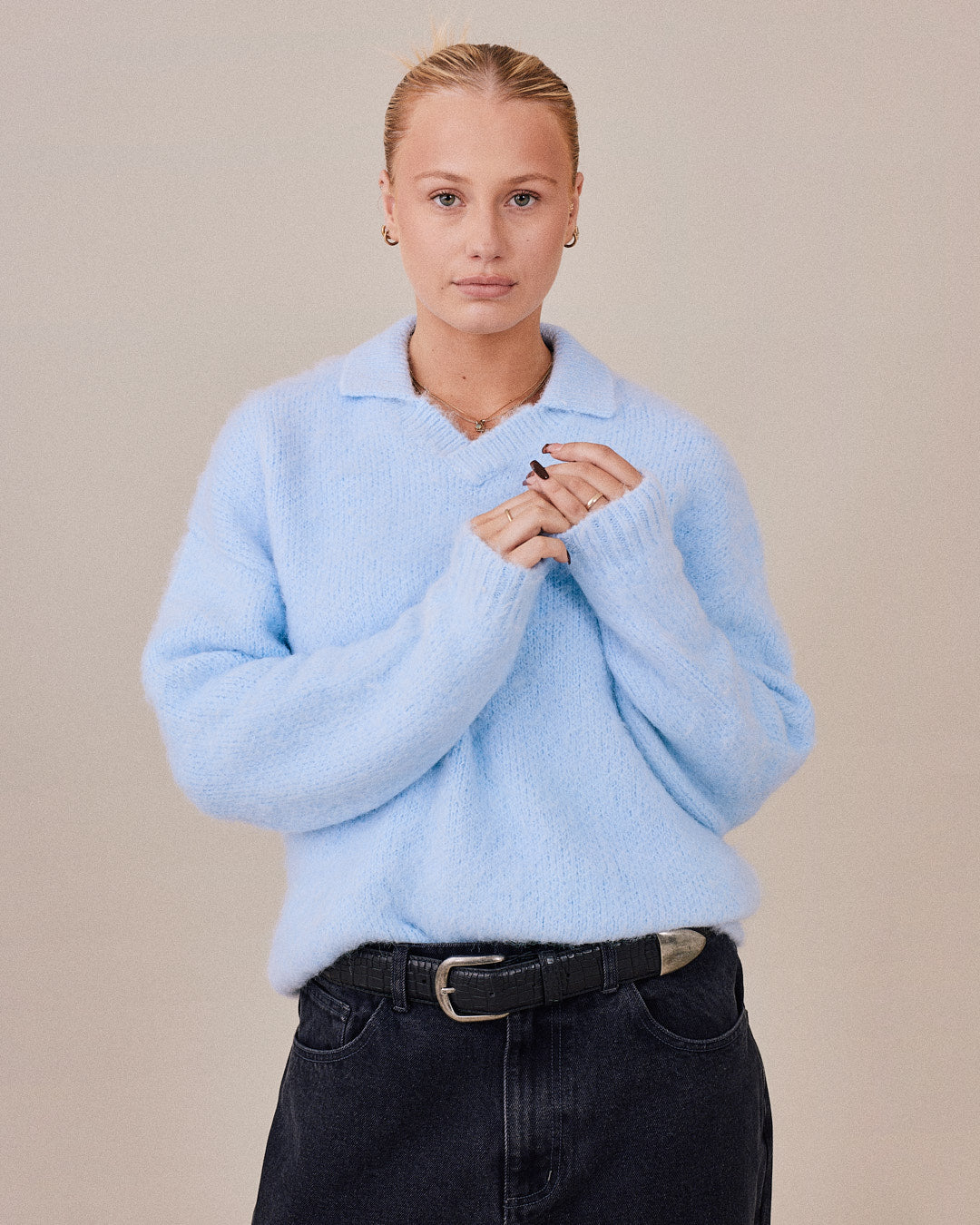 Knit V Neck Sweater - Baby Blue