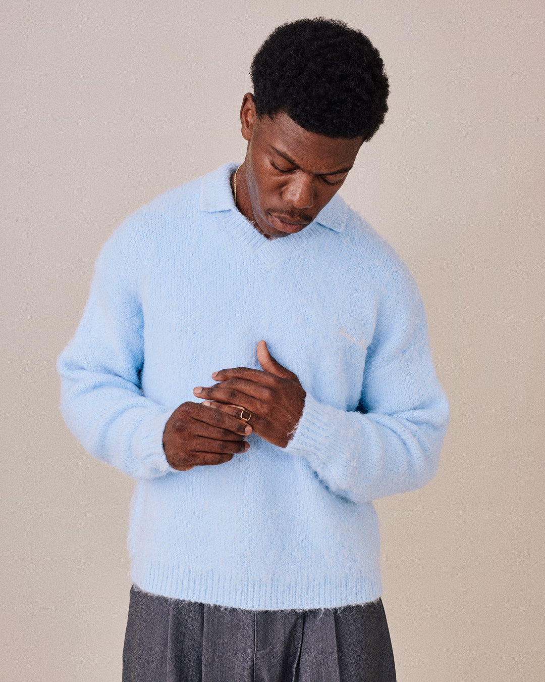 Knit V Neck Sweater - Baby Blue