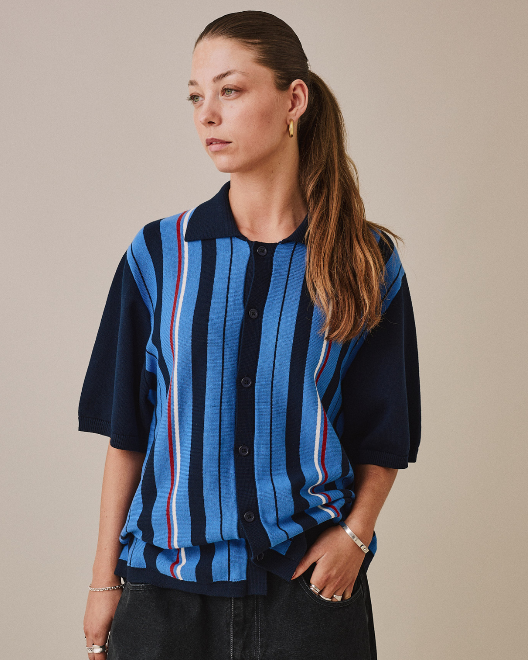 SS Striped Knit Cardigan - Blue