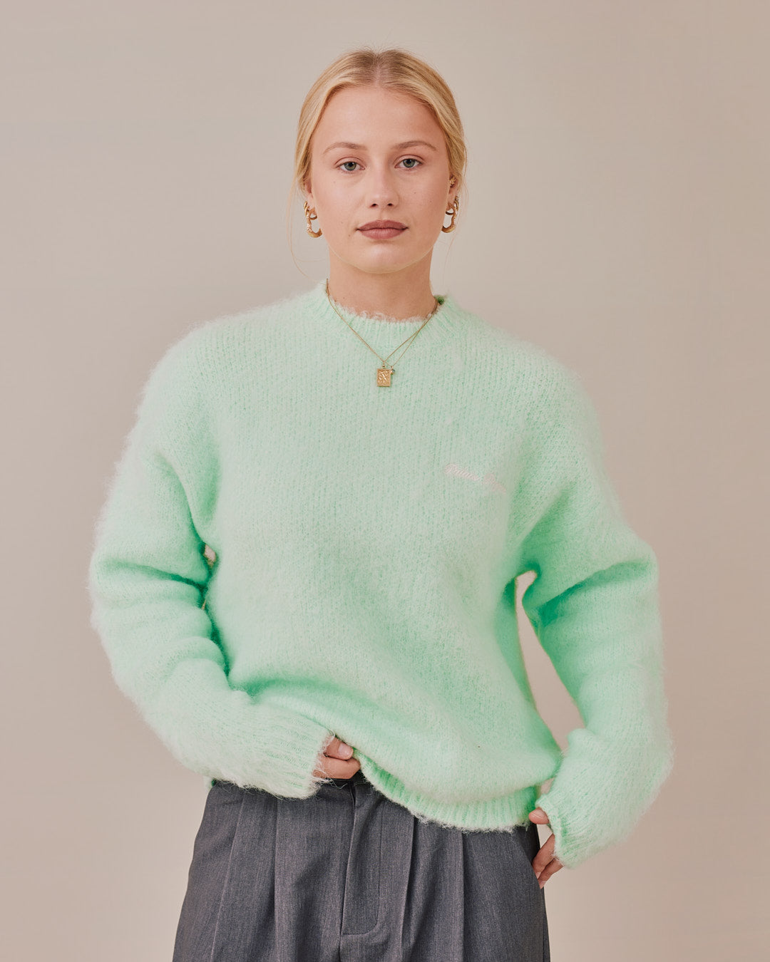 Knit O-Neck Sweater - Mint