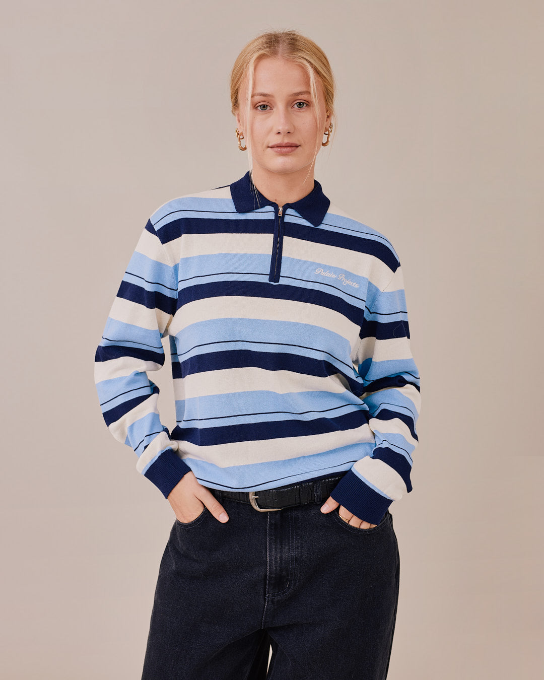 Zip Polo Knit - Blue Stripe