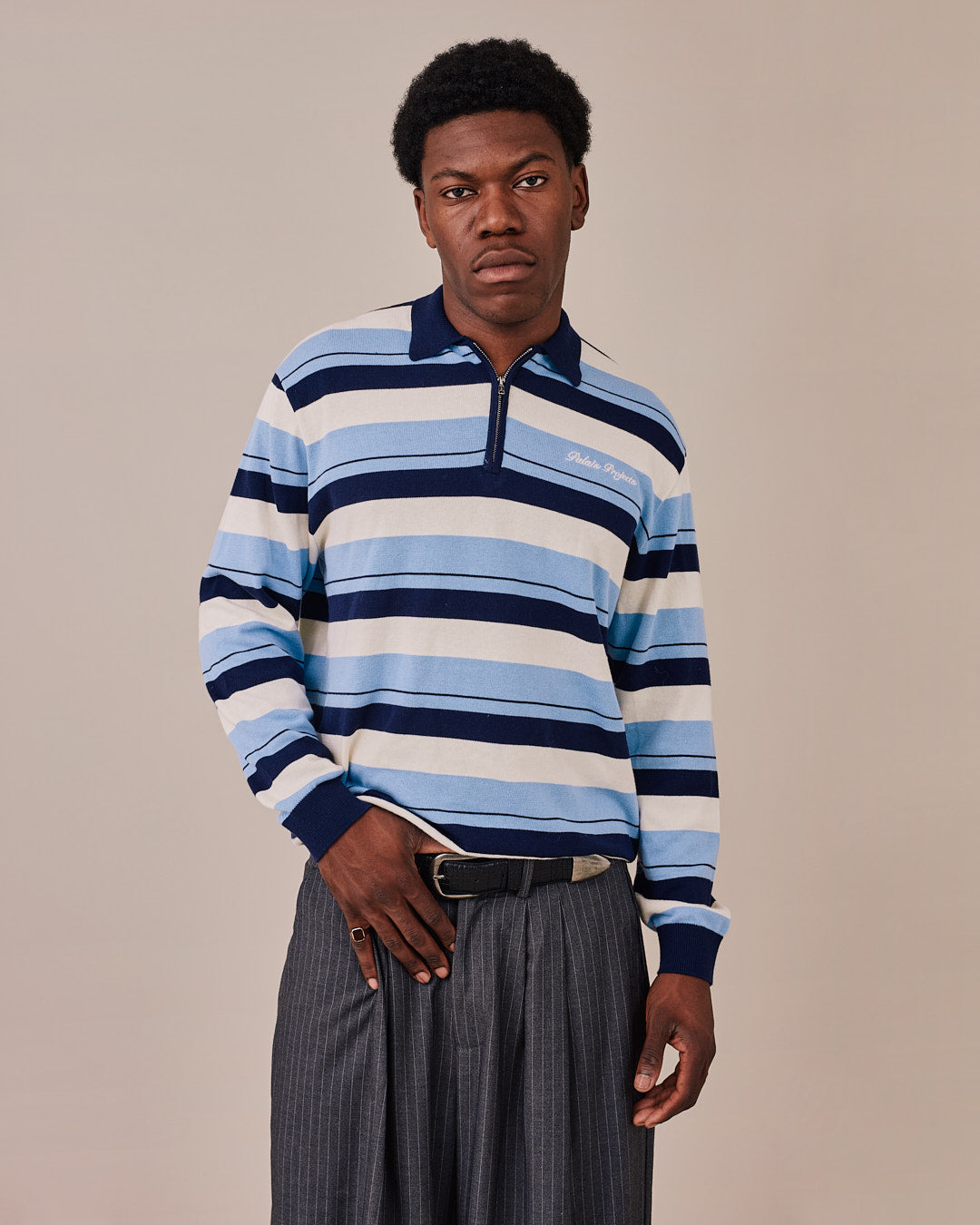 Zip Polo Knit - Blue Stripe