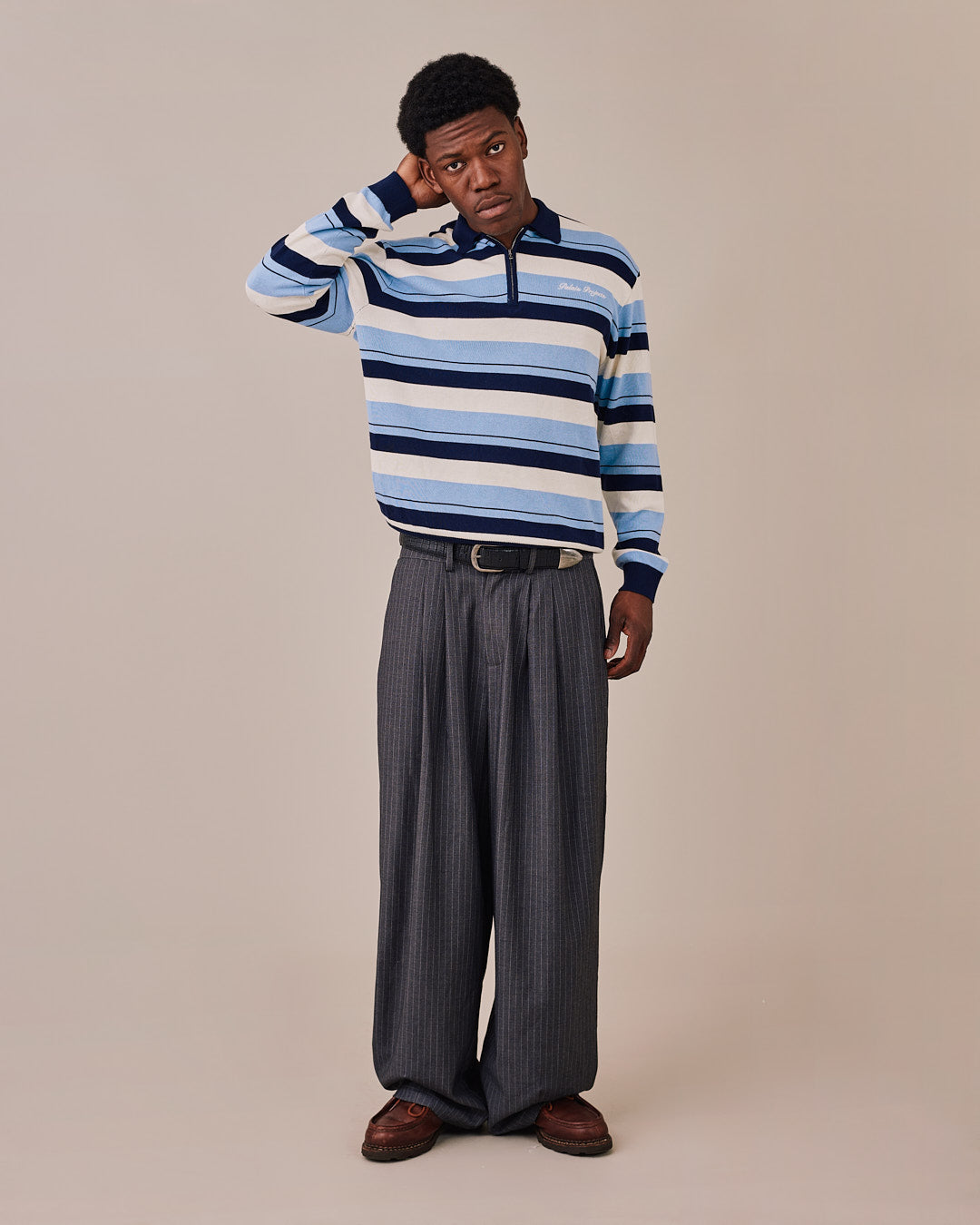 Zip Polo Knit - Blue Stripe