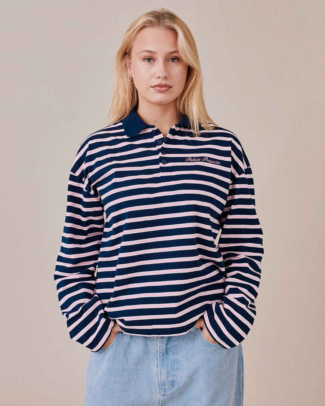 LS Polo Shirt - Navy/Pink Stripe