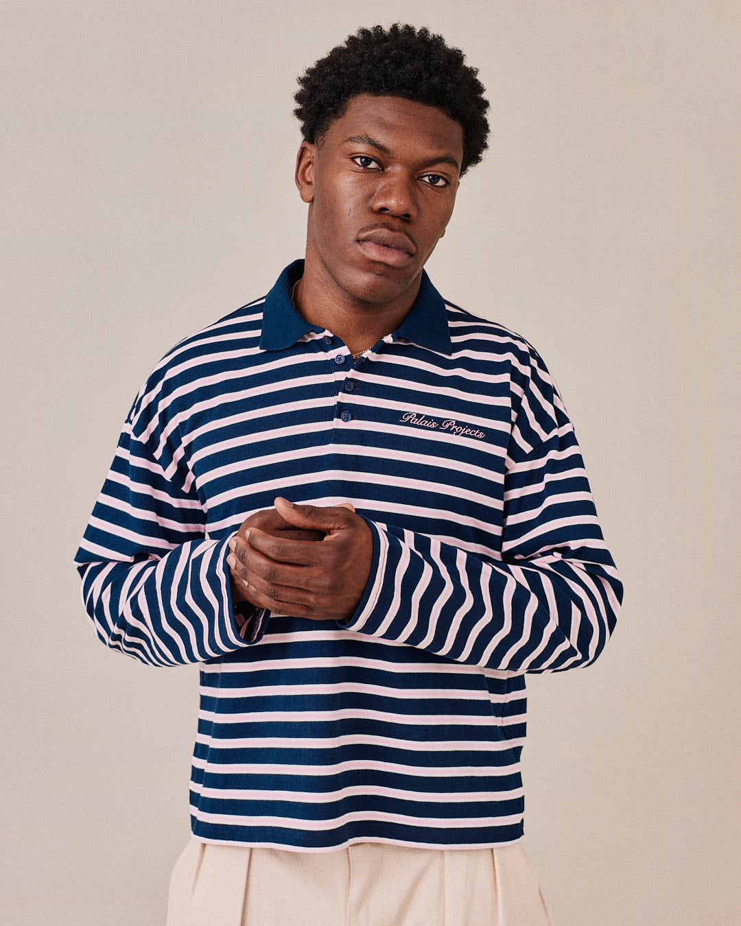 LS Polo Shirt - Navy/Pink Stripe