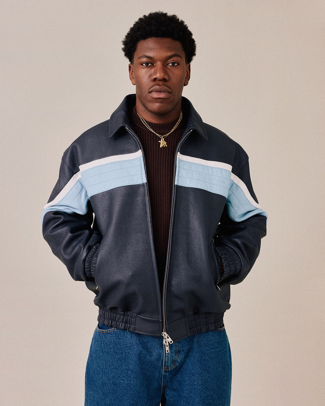 Heavy Varsity Leather Jacket - Blue