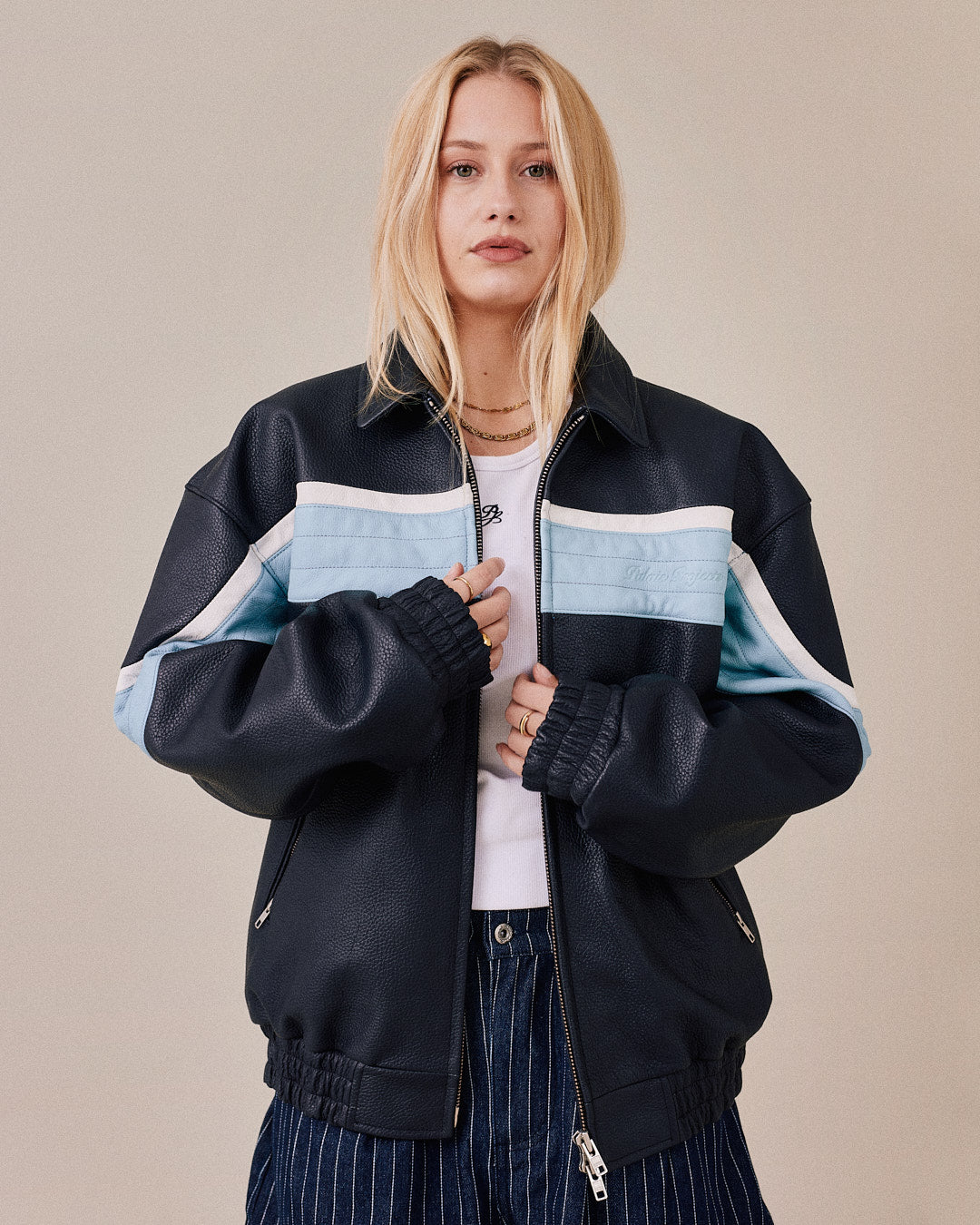 Heavy Varsity Leather Jacket - Blue