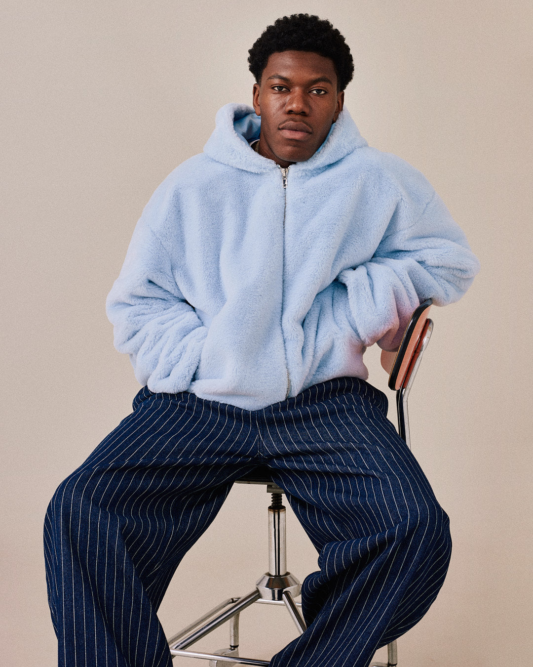 Faux Fur Zip Jacket w. Hood - Light Blue