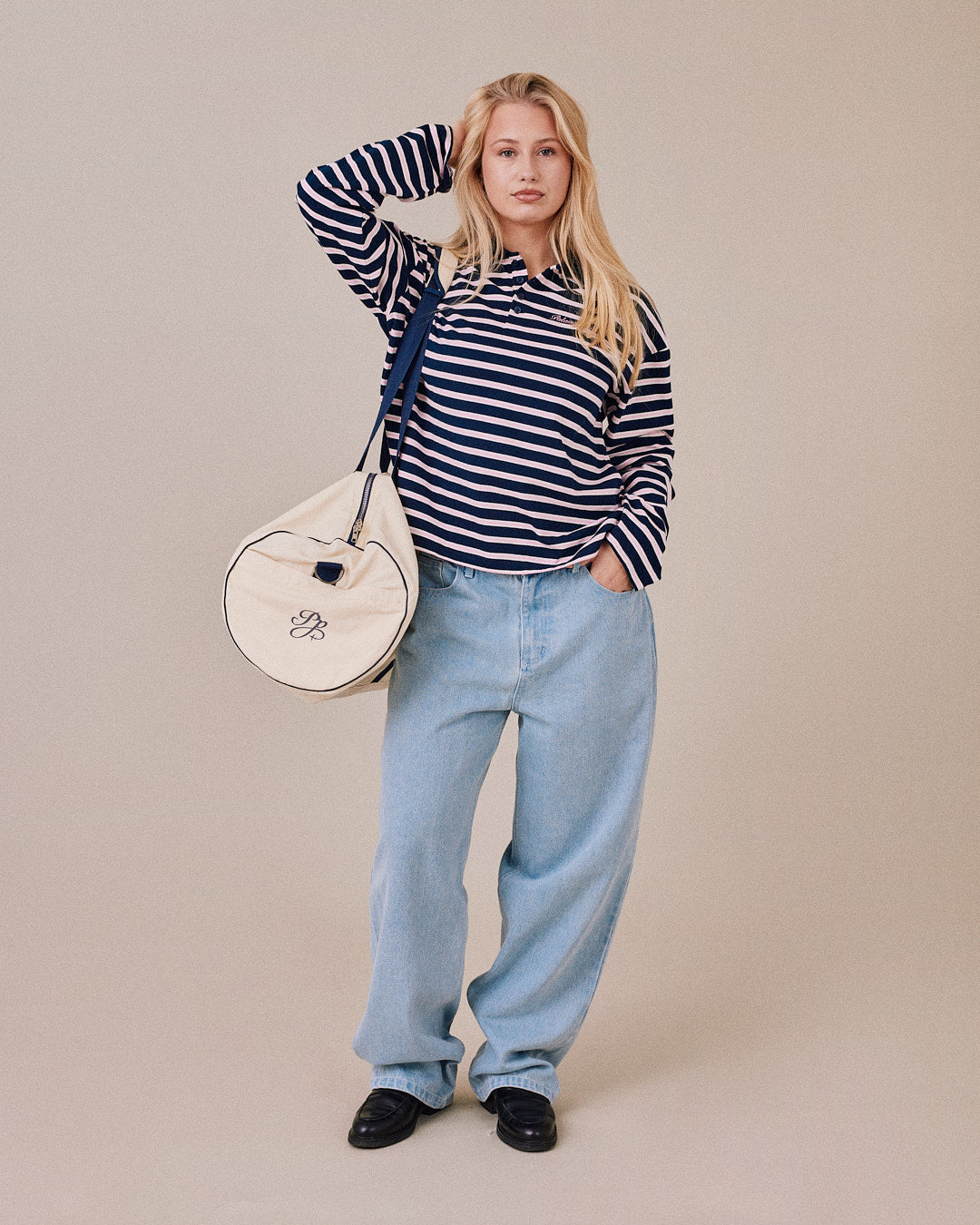 LS Polo Shirt - Navy/Pink Stripe